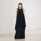 evening gown with adjustable drape and high slit